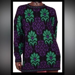 DANA SCOTT Black METALLIC Purple Green FLORAL SWEATER MARDI GRAS Size L vintage